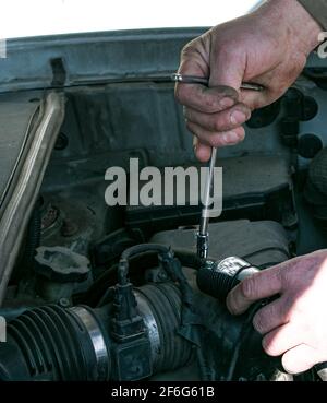 Sostituzione o installazione di un filtro del gas fine in un'autovettura. Riparazione auto. Foto Stock