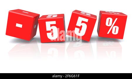 sconto del 55% sui cubi rossi su sfondo bianco. immagine 3d rappresentata Foto Stock