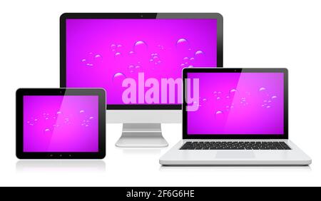 Monitor del computer, notebook e tablet pc con sfondo viola su uno schermo. Isolato su un bianco. immagine 3d Foto Stock