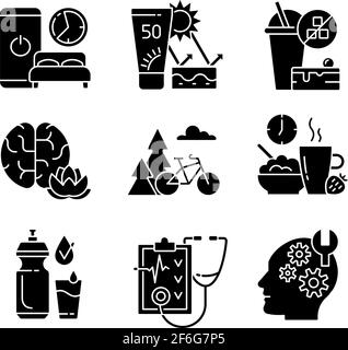 Sane abitudini sviluppo glifo nero icone set su spazio bianco Illustrazione Vettoriale