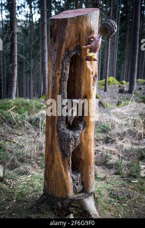 Divertenti figure in legno nel Nordwald, Waldviertel, Austria Foto Stock