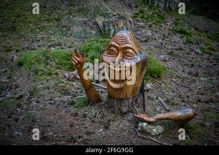 Divertenti figure in legno nel Nordwald, Waldviertel, Austria Foto Stock