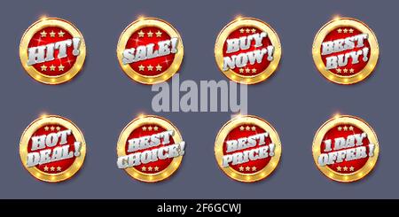 Badge di vendita, tag, etichetta, adesivo, illustrazione vettoriale. Offerta brillante e realistica, acquista ora, banner migliore scelta del prezzo, segno Illustrazione Vettoriale