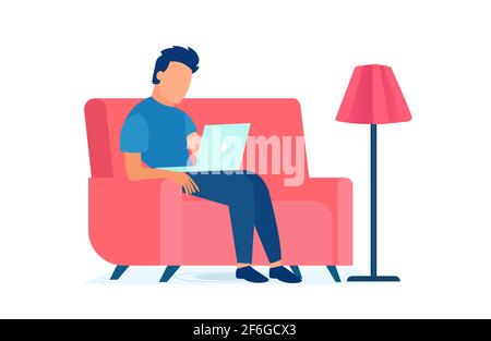 Vettore di un giovane seduto in poltrona a casa utilizzando un computer portatile Illustrazione Vettoriale