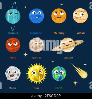 Carino cartoon sistema solare pianeti con volti sorridenti, vettore carta taglio illustrazione. Divertente spazio emoji. Astronomia bambini. Illustrazione Vettoriale