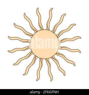 Concetto magico, sole vintage con viso, oro, beige di tendenza, incisione stilizzata. Illustrazione per astrologia, boho design, simboli pagani per fortune tel Illustrazione Vettoriale