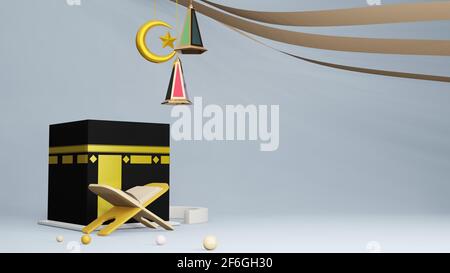 Quran o koran e Kaaba in Masjid al Haram concetto di celebrazione islamica eid al adha o hajj illustrazione 3D. Rendering 3D . Foto Stock