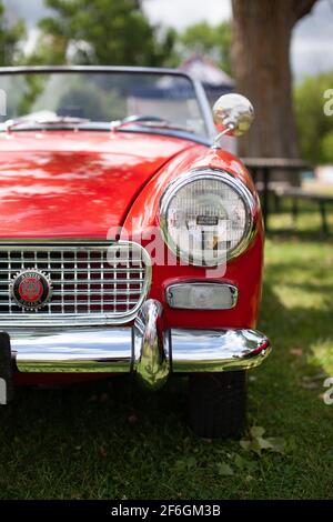 Red anni '60 Austin-Healey Sprite ad una mostra di auto a Chambly, Quebec, canada Foto Stock