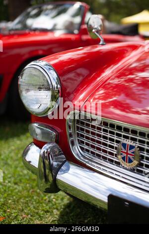 Red anni '60 Austin-Healey Sprite ad una mostra di auto a Chambly, Quebec, canada Foto Stock
