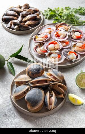 Molluschi di pesce vongole, cozze e capesante su piatti grigi Foto Stock
