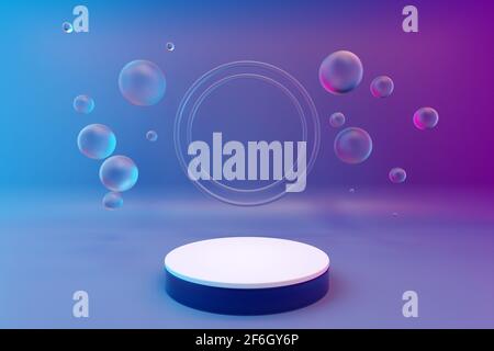 illustrazione 3d di una scena bianca con bolle d'acqua trasparenti sullo sfondo su uno sfondo sfumato. Un primo piano di una pedina monocromo rotonda Foto Stock