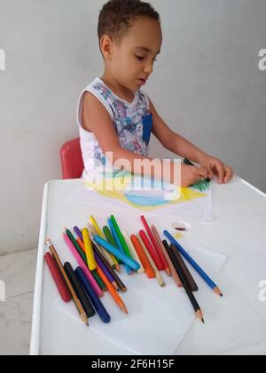 salvador, bahia / brasile - 18 novembre 2020: Il bambino si vede dipingere un disegno della bandiera del Brasile durante le attività scolastiche. Foto Stock