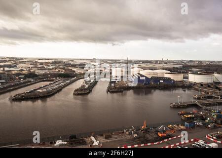 Una veduta del Trafford Park che guarda su Salford Quays Manchester In un giorno di Overcast Foto Stock