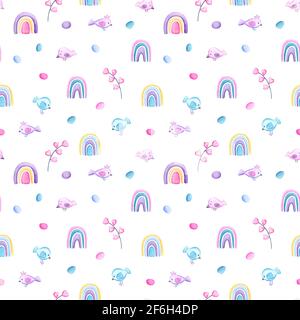 Cute birds and rainbows seamless pattern on white background. Spring holiday wrapping paper tile. Easter watercolor print for home decor, nursery text Foto Stock