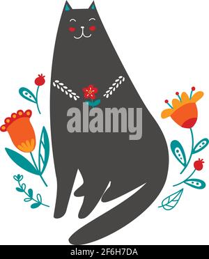 Gatto etnico con illustrazione dei fiori in stile disegnato a mano su sfondo bianco. Illustrazione Vettoriale