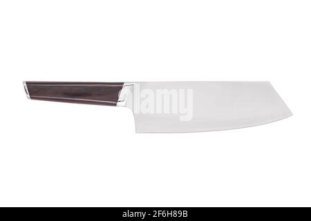 Sfaldatrice in acciaio inox con manico in legno isolato su fondo bianco. Coltello da cucina per tritare la carne. Foto Stock
