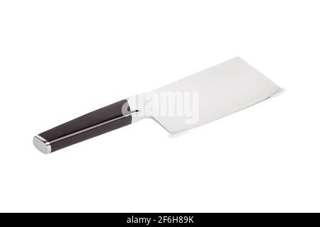 Sfaldatrice in acciaio inox con manico in legno isolato su fondo bianco. Coltello da cucina per tritare la carne. Foto Stock