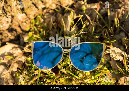 Moda gatto occhiali da sole modello per le donne con grandi lenti blu  sparare all'esterno in un closeup giorno d'estate. Messa a fuoco selettiva  Foto stock - Alamy