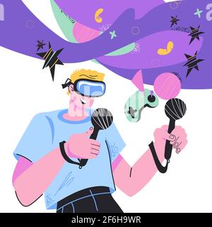 Banner per i giochi per computer VR con l'uomo in occhiali per realtà virtuale che gioca a giochi interattivi 3d. Tecnologia di realtà aumentata e giochi per computer, auto Illustrazione Vettoriale