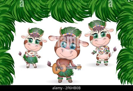 Tropicale nuovo anno 2021, celebrazione. Gruppo di mucche e tori come danzatori di hula con chitarre acustiche ukulele, Hawaii. Illustrazione Vettoriale