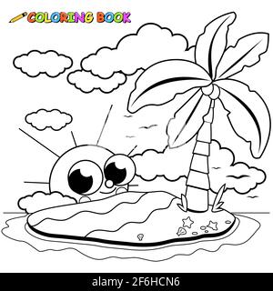 Isola nel mare e bel sole cartoon. Pagina da colorare in bianco e nero. Foto Stock