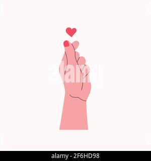 Dita piegate a forma di cuore. Gesto d'amore nei paesi asiatici e in Corea. Immagine vettoriale in rosa piatto. Illustrazione Vettoriale