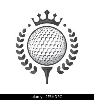 Logo del club di golf. Palla di golf su tee con corona e corona. Illustrazione vettoriale, isolata su sfondo bianco Illustrazione Vettoriale