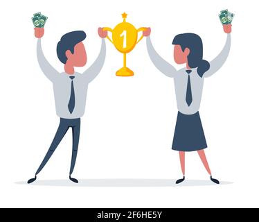 Coppia di vincitori uomini e donne che tengono la Coppa d'oro. La gente felice di successo vince il premio. Concetto di celebrazione del raggiungimento degli obiettivi. Illustrazione Vettoriale