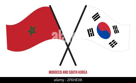 Marocco e Corea del Sud Bandiere incrociate e ondulate in stile piatto. Proporzione ufficiale. Colori corretti. Foto Stock