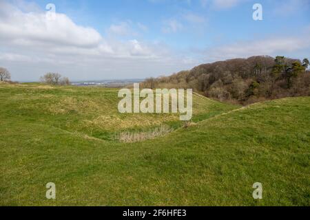 Bincknoll Castle, o Bincknoll Camp, sito di possibile Iron Age univallate Hillfort, Wiltshire, Inghilterra, Regno Unito Foto Stock