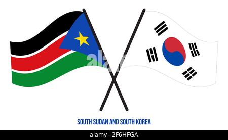 Sud Sudan e Corea del Sud Bandiere incrociate e ondulate in stile piatto. Proporzione ufficiale. Colori corretti Foto Stock