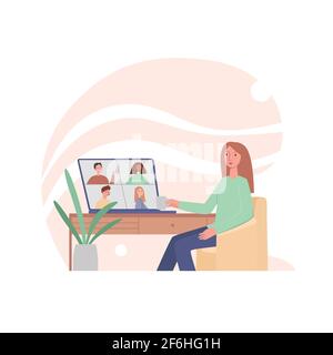 Giovane donna in videoconferenza con i colleghi. Videochiamata aziendale, discussione a distanza. Amici che parlano online. Concetto di lavoro di squadra durante Illustrazione Vettoriale