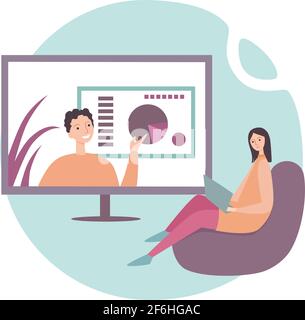 Concetto di videoconferenza e comunicazione web. Riunione di squadra online. Sorridente uomo e donna lavorano da remoto e hanno una discussione aziendale virtuale Illustrazione Vettoriale