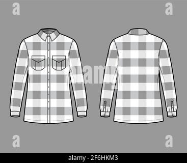 Giacca in legno illustrazione tecnica della moda con motivo Buffalo Check, corpo oversize, tasche con pattina, chiusura a bottone, maniche lunghe. Abbigliamento piatto, anteriore, posteriore, colore bianco. Donne, uomini CAD mockup Illustrazione Vettoriale