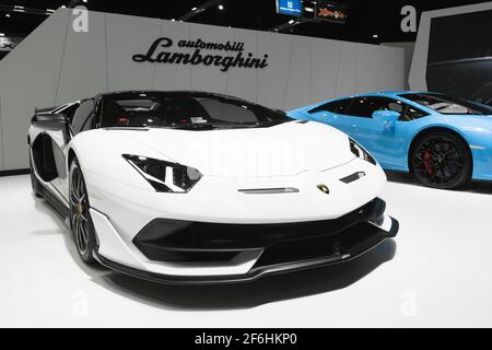 BANGKOK, THAILANDIA - 2021 aprile 01: Lamborghini Aventador SVJ Roadster in mostra al Motor Show di Bangkok, Thailandia. I 6.5-li più costosi di Lamborghini Foto Stock