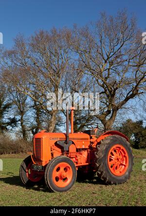 Un trattore Case vintage in un campo forato con mais In primavera Foto Stock