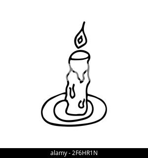 Candela in un piccolo candelabro brucia, nero e bianco illustrazione vettoriale in stile doodle. Gocce di cera congelate sui lati. Elemento singolo disegnato a mano Illustrazione Vettoriale