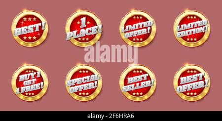 Vendita, offerte speciali badge, tag, etichette, adesivi, illustrazione vettoriale. Striscioni in promozione, cartelli realistici e lucidi. Illustrazione Vettoriale