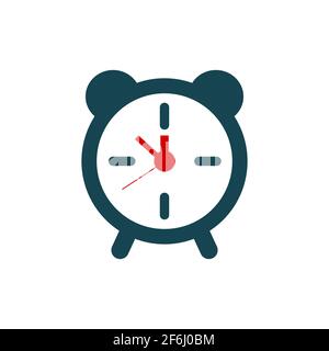 Icona della sveglia analogica. Orologio che mostra da cinque a dodici minuti. Concetto di scadenza. Ora di attivazione. Orologio blu con maniglie rosse. Offerta Last minute. Vettore Illustrazione Vettoriale