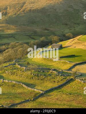 Paesaggio panoramico e soleggiato Wharfedale (campane di montagna, fienile di pietra, ripidi pendii collinari, pareti calcaree, pascoli) - Yorkshire Dales, Inghilterra UK. Foto Stock