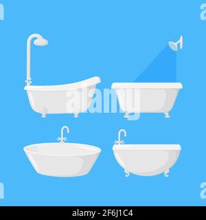 Vasca da bagno con doccia e rubinetti. Set di quattro vasche isolate su sfondo blu. Illustrazione vettoriale in stile cartoon Illustrazione Vettoriale