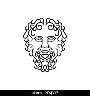 Logo greco god Zeus Line Art. Antico Dio greco Sculpture filosofo. Design con logo Face Zeus Triton Neptune Illustrazione Vettoriale