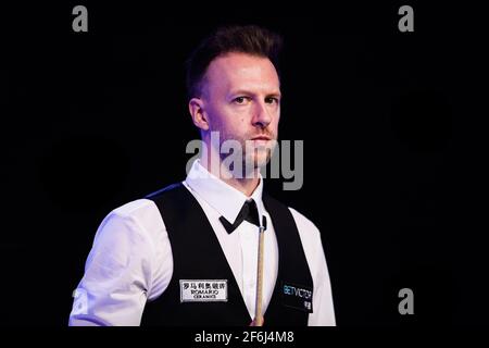 MILTON KEYNES, REGNO UNITO. 01 aprile 2021. Judd Trump durante le partite del Championship League Snooker- Winners Group 2021 alla Marshall Arena giovedì 01 aprile 2021 a MILTON KEYNES INGHILTERRA. Credit: Taka G Wu/Alamy Live News Foto Stock