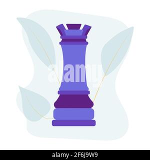 Pezzo di scacchi Rook. Immagine vettoriale piatta colorata isolata. Colorazione blu astratta e foglie sullo sfondo. Chessman Illustrazione Vettoriale