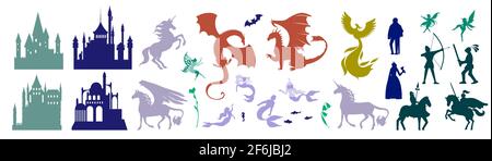Castello medievale e mitica fiaba set di caratteri, illustrazione vettoriale. Unicorno magico, Pegasus, firebird, carino fata Illustrazione Vettoriale
