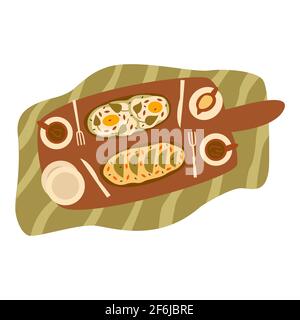 Vassoio con due panini, tazza di caffè e panna. Coltello e forcella. Colazione gustosa. Panini con uova strapazzate, semi di sesamo ed erbe, cagliato Illustrazione Vettoriale