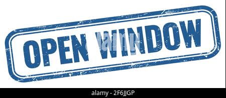 APRI il testo DELLA FINESTRA su un francobollo rettangolare vintage blu. Foto Stock