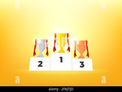 Vincitori podio con coppe. Premi per i campioni. Coppe in oro, argento e bronzo. Illustrazione Vettoriale