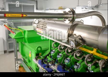 GERMANIA, Amburgo, un'unità di cogenerazione Megawatt per il riscaldamento e l'alimentazione con gas naturale o idrogeno verde, tubo H2 e generatore di motori a gas Jenbacher / DEUTSCHLAND, Amburgo, Hansewerk Natur, BHKW Blockheizkraftwerk 1 MW Klasse, das über Kraft-Wärme-Kopg suneine Siedlung mit Strom und Wärme versorgt, Energiequellen Erdgas oder Grüner Wasserstoff gewonnen aus erneuerbarer Energie, Wasserstoff Zuleitung fuer Jenbacher Gasmotor, der wahlweise grünen Wasserstoff oder Erdgas verbrennen kann Foto Stock