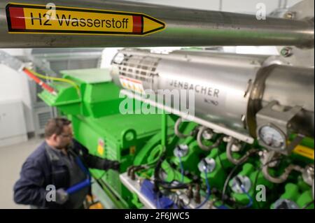 GERMANIA, Amburgo, un'unità di cogenerazione Megawatt per il riscaldamento e l'alimentazione con gas naturale o idrogeno verde, tubo H2 e generatore di motori a gas Jenbacher / DEUTSCHLAND, Amburgo, Hansewerk Natur, BHKW Blockheizkraftwerk 1 MW Klasse, das über Kraft-Wärme-Kopg suneine Siedlung mit Strom und Wärme versorgt, Energiequellen Erdgas oder Grüner Wasserstoff gewonnen aus erneuerbarer Energie, Wasserstoff Zuleitung fuer Jenbacher Gasmotor, der wahlweise grünen Wasserstoff oder Erdgas verbrennen kann Foto Stock